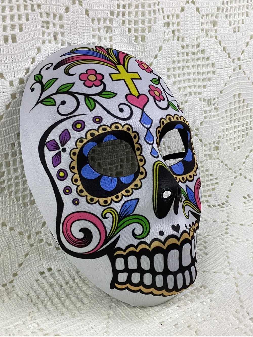 White Sugar Skull Party Mask with Colorful Floral Design